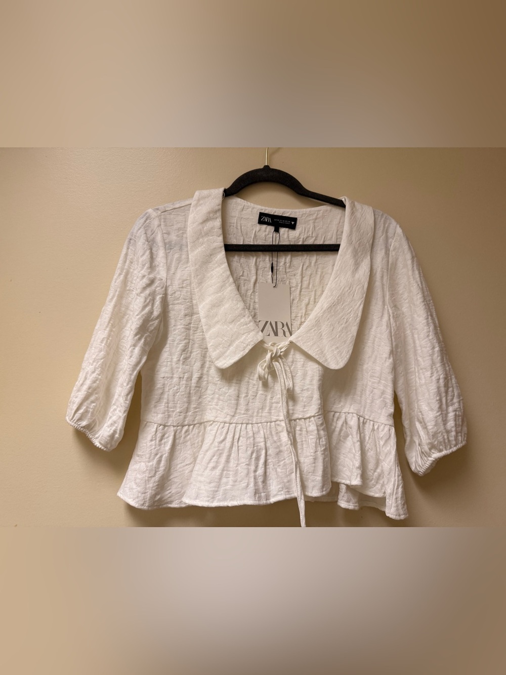 NWT🪷Zara White Peplum Tie-Front Blouse with Peter Pan Collar🪷